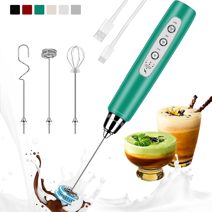 Milk Frother Handheld Rechargeable, Frother Wand Drink Mixer Electric Whisk for Coffee, Detachable With 3 Stainless Whisks, Hand Mixer for Lattes, Cappuccino, Matcha, Egg, No Stand, New Blue