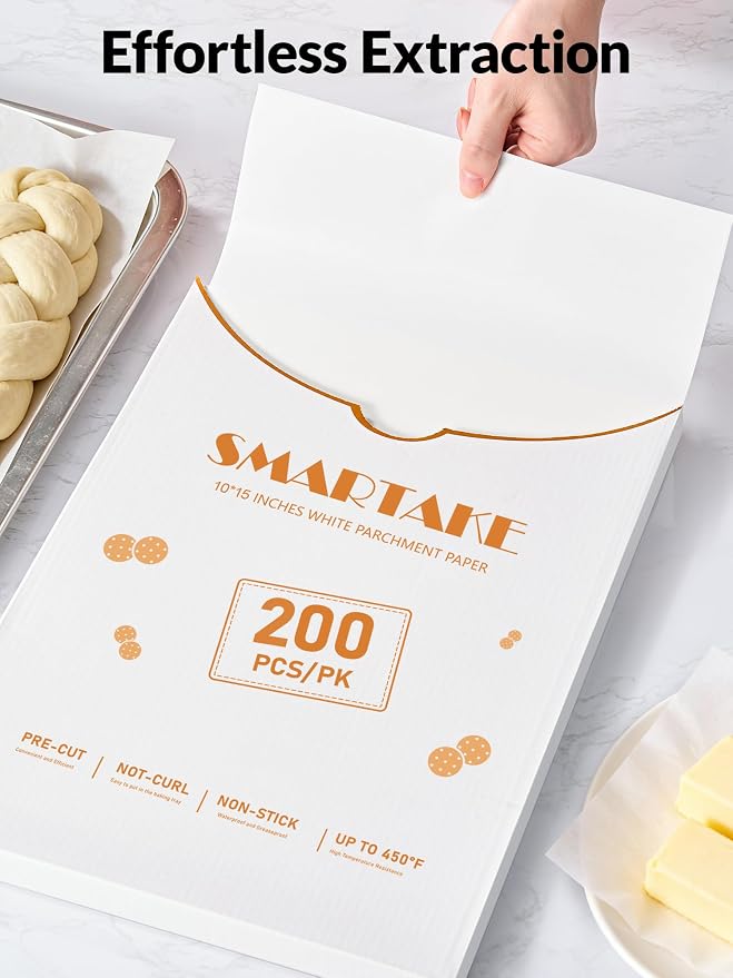 SMARTAKE 200 Pcs Parchment Paper Baking Sheets, 10x15 Inch Non-Stick Precut Baking Parchment, Suitable for Baking Grilling Air Fryer Steaming Bread Cup Cake Cookie and More (White)