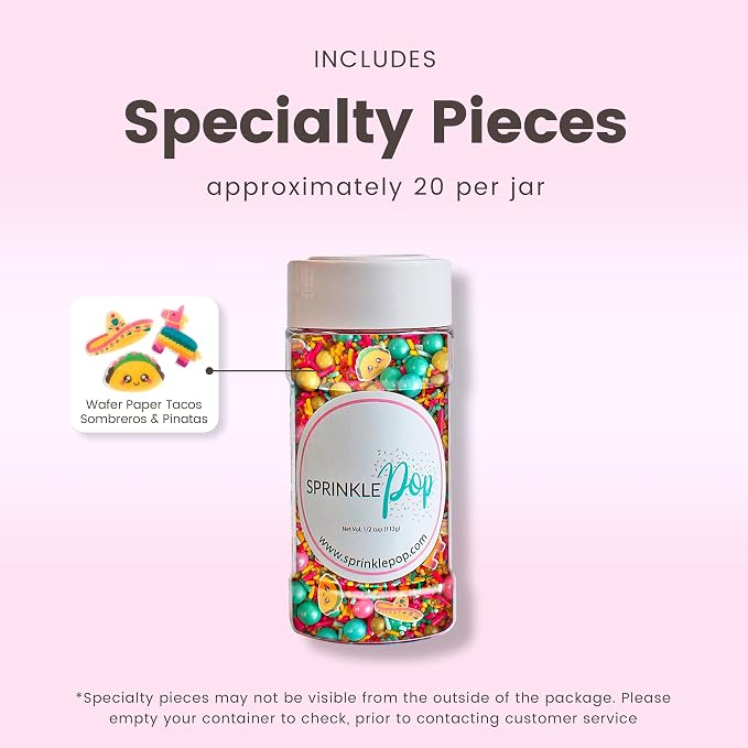 Cinco De Mayo Sprinkle Mix| Made In USA By Sprinkle Pop| Golden Yellow Pink Turquoise Sprinkles with Tacos Piñatas Wafer Paper| Decorating Sprinkles For Taco Tuesday Donuts Cupcakes Cakes Cookies, 4oz
