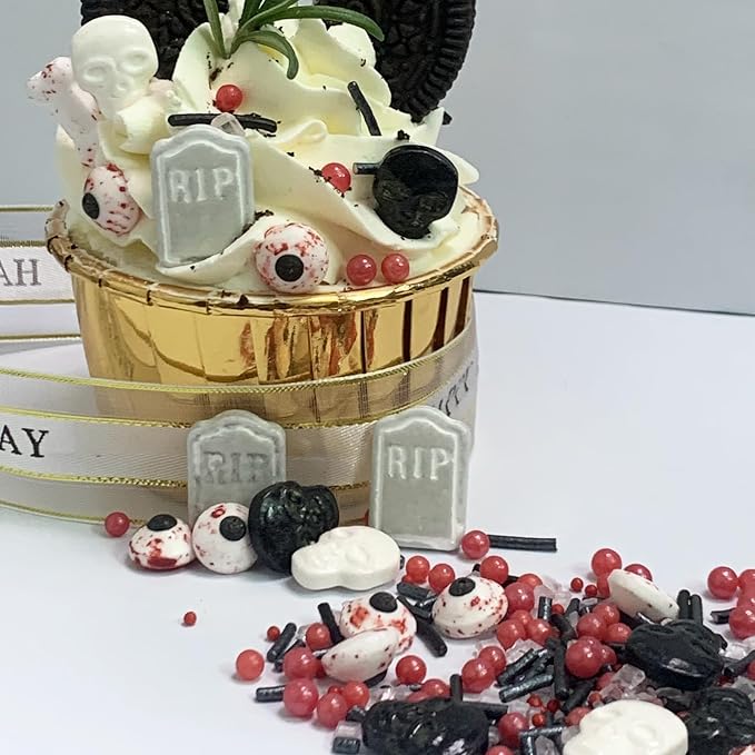 Sentovac Halloween Sprinkle Tombstone Skull Bloody Eyes Bones Red Peals Sprinkles Mix Edible for Cake Decorating Sugar Candy Cookie Cupcake Topper Baking Decorations Halloween Christmas Supplies