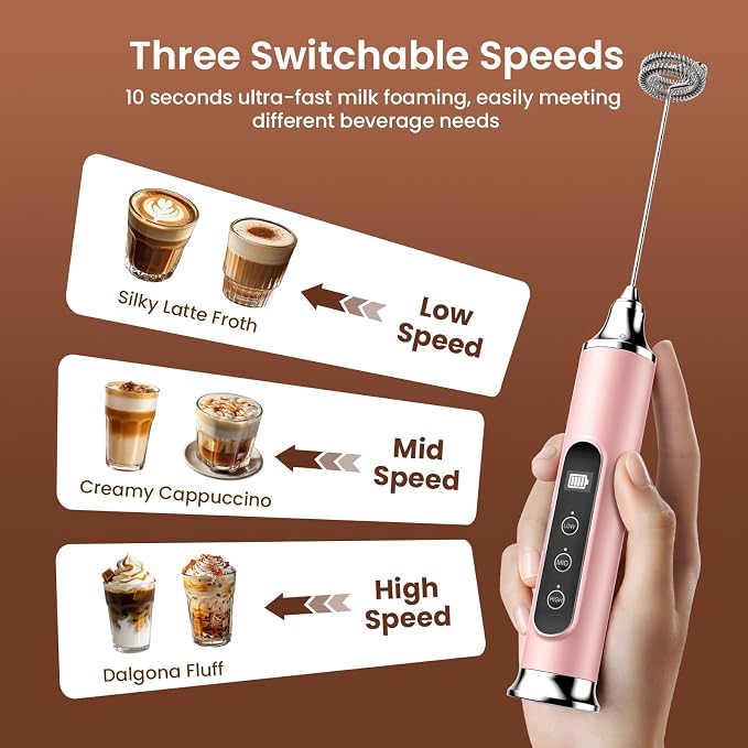 YUSWKO Milk Frother Wand for Coffee, Coffee Frother Handheld Drink Mixer | Rechargeable Mixer Wand, Waterproof Electric Whisk for Protein Powder, Lattes, Cappuccino, 3 Variable Speeds 3 Whisks, Pink