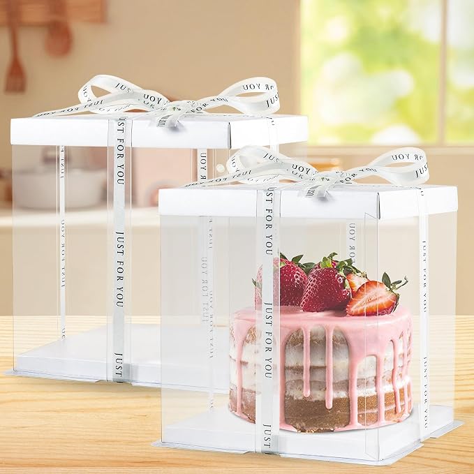 8Pcs Tall Cake Boxes Clear Box with Ribbon, 8x8x9 inch, for 6" cajas para pasteles Tiered Cakes,Transport Gift Boxes for Wedding and Gift Display. (Cream, 8 * 8 * 9 inch/8pcs)