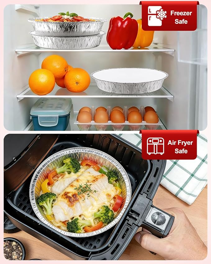 50 Pack 9 Inch Round Aluminum Pans with White Cardboard Lids - Disposable Tin Foil Pans, Food Containers for Cake Baking, Cooking, Reheating, Roasting, Storage