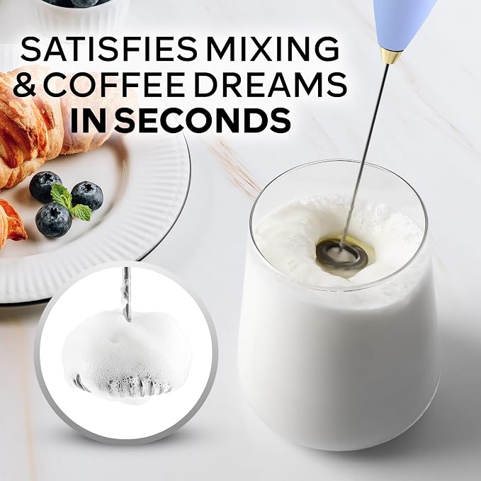 Zulay Kitchen Powerful Milk Frother Wand With Duracell Batteries - Ultra Fast Handheld Drink Mixer - Electric Whisk Foam Maker for Coffee, Lattes, Cappuccino & Matcha - Z1 Motor - Blue & Gold