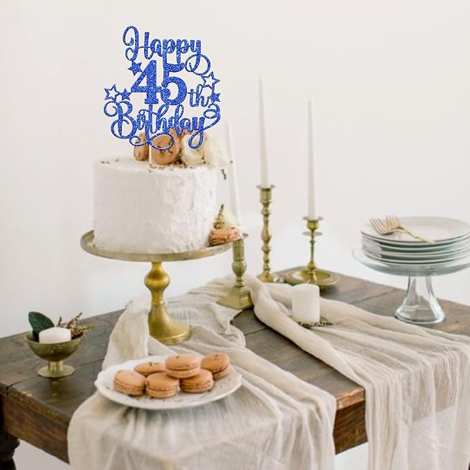 1 PCS Happy 45th Birthday Cake Topper Glitter Cheers to 45 Years Birthday Cake Pick Hello 45 Fabulous Cake Decoration for Happy 45th Birthday Anniversary Party Decorations Supplies Blue