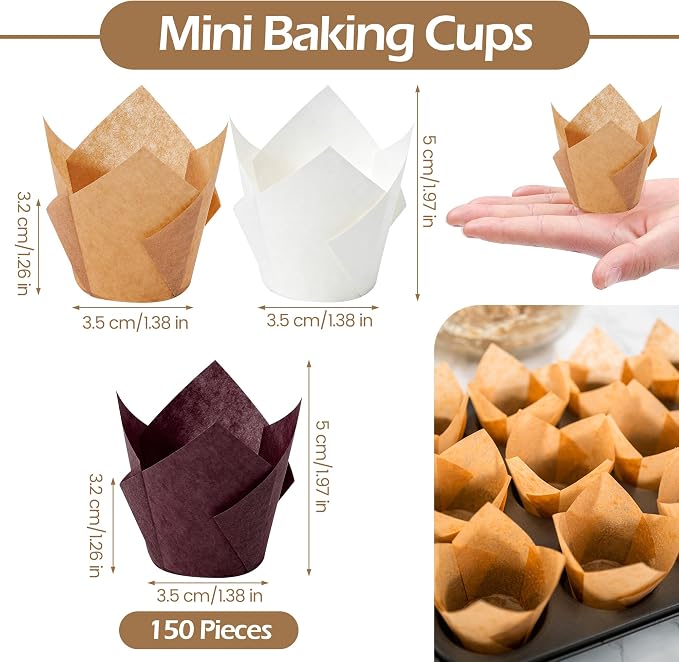 Ruisita 150 Pcs Mini Cupcake Liners Muffin Liners Baking Cups | Tulip Cupcake Liner for Baking Wedding, Birthday, Baby Shower Parties, Brown, Natural, White