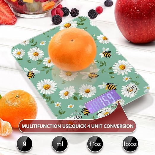 Food Scale Kitchen Scale for Baking Cooking Digital Food Weighing Measuring Scale Small Waterproof Electric Food Scale Mint Green Daisy Flowers and Bees