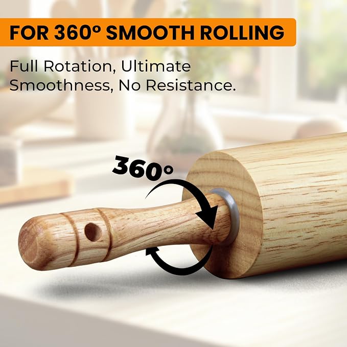 KARRYOUNG Natural Rubberwood Rolling Pin with Handles – Smooth Dough Roller for Pizza, Pie Crust, Cookies, Fondant & Tortillas – Durable Kitchen Baking Essential, Rodillo Para Masa