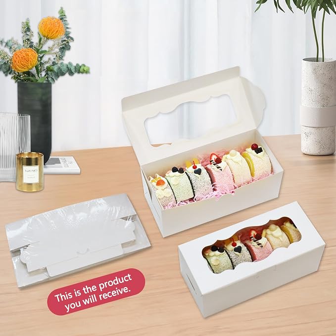 10pcs 9x4x3.5 Inch Cookie Boxes White Bakery Boxes with Window Treat Boxes Gift Boxes for Roll Cakes, Desserts, Muffins, Donuts, Candies and Pastries(9 Inch)