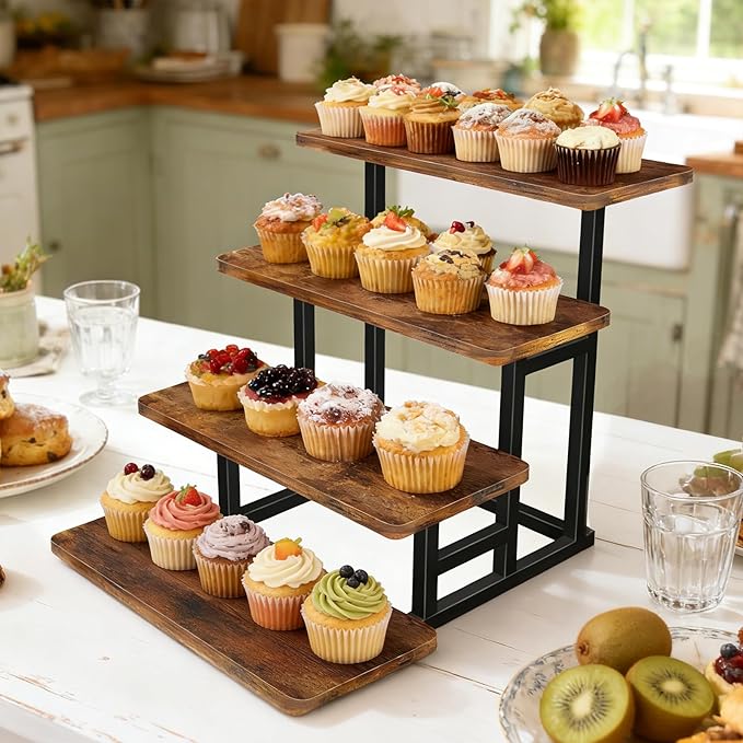 Lily Cupcake Stand for 50 Cupcakes, 2 PACK Wooden Dessert Table Display Set for Wedding Cupcake Tower, Stepped Tiered Tray Stand 4 Tier Risers Display Stands Serving Trays for Party Market Display