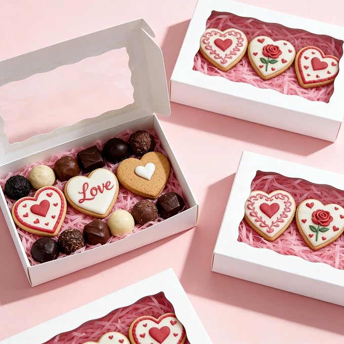 20pcs Cookie Boxes with Window 8x5x2 Inches Bakery Boxes Treat Box Dessert Box for Macaron Truffle Chocolate Covered Strawberries - White