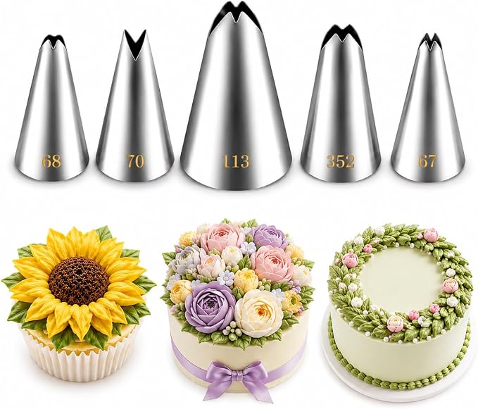 5 Pcs Leaf Piping Tips Set, 67, 68, 70, 352, 113, Stainless Steel Cake Decorating Tips, Frosting Icing Nozzles for Cupcakes, Cakes, Cookies