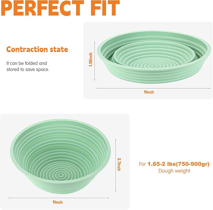 4Pcs Silicone Banneton Bread Proofing Baskets, 9" Round Foldable Non-Stick Dough Proofing Bowl Containers-BPA Free, Optimum Sourdough Bread Baking Supplies