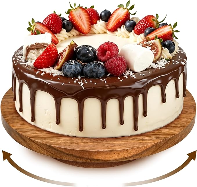 Qinzave Wooden Cake Stand, 11.4 Inch Acacia Wood Rotating Cake Turntable with Smooth 360° Rotation for Cake Decorating, Serving Cakes, Cheese and Desserts