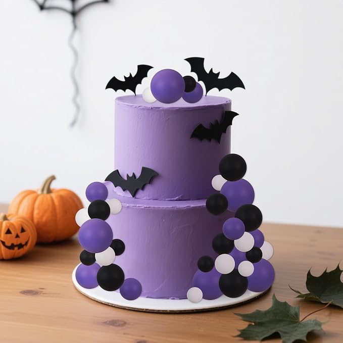 BEISHIDA 40 pcs Foam Ball Halloween Cake Toppers with Sticks Perfect for Graduation Halloween Cake Decor Birthday Graduation Congrats 2026 Cake Decoration Wednesday Theme Party(Black, White, Purple)