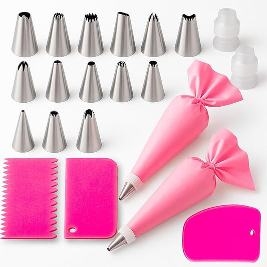 Piping Bags and Tips Set, 21 Piece Reusable Cake Decorating Kit with 14 Stainless Steel Nozzles, 2 Silicone Piping Bags, 2 Couplers and 3 Scrapers for Cupcaskes, Cookies & Icing