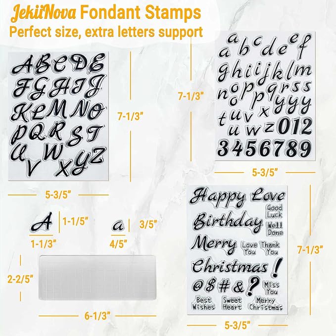 4 PCS Alphabet Letter Fondant Stamps for Biscuit Cake Cookie, Upgraded Food Grade Alphabet Cake Stamp Tool Uppercase Extra Spare Lowercase Numbers Phrases for Christmas Party Reusable Cookie Stamp