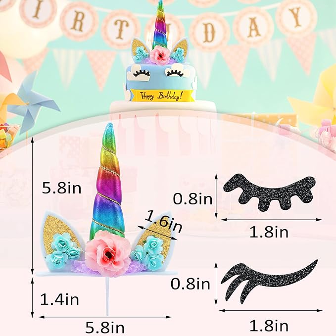 Unicorn Cake Topper Handmade Rainbow Horn Unicorn Cake Topper Happy Birthday Party Decoration Supplies Magic Reusable Cake Toppers with Eyelashes and Stack for Girls Kid Women, 5.8 Inch