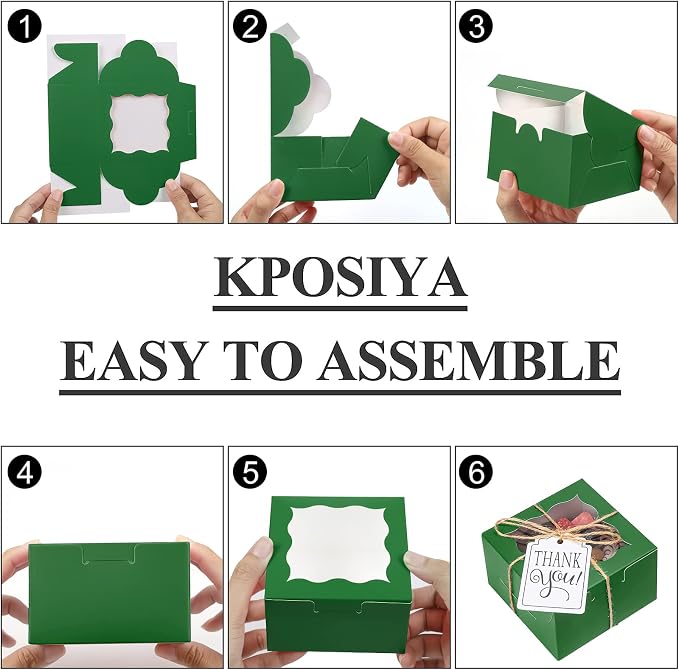 KPOSIYA 60 Pcs Green Bakery Boxes with Window Individual Cupcake Boxes 4x4x2.5 Inches Cookie Boxes Kraft Paper Green Gift Box for Pastries, Cookies, Pie, Donuts, Macaroon
