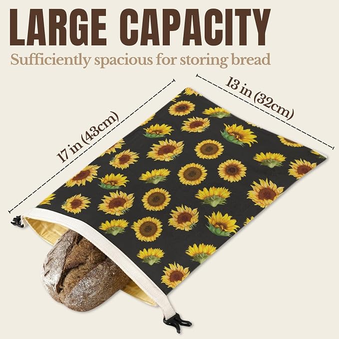 InnoBeta Beeswax Bread Bags for Sourdough & Homemade Bread, 2 Pack Reusable Cotton, 17"x13", Sunflower