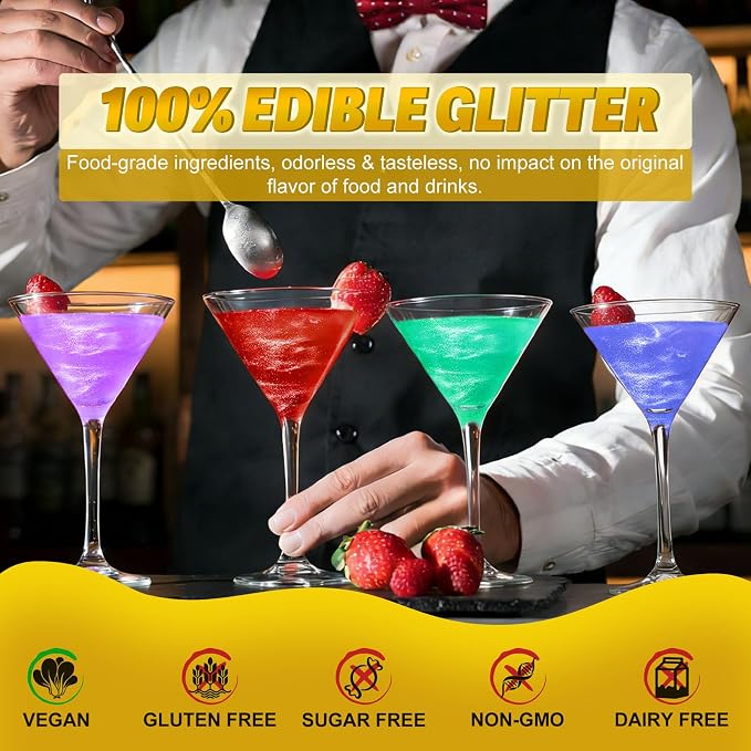16 Colors Edible Glitter for Drinks - Shimmer Edible Cake Decorations, Food Grade Luster Dust Edible for Cakes, Icing, Party, Vegan, Gluten Free