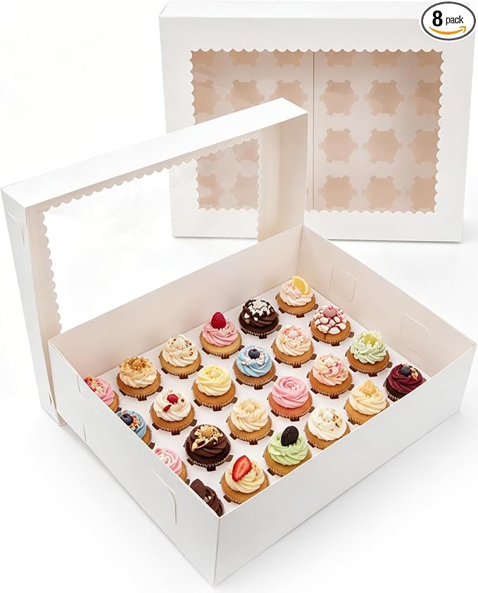 8 Pack Cupcake Boxes with Window for 24 Standard or Mini Cupcakes Corrugated Adjustable Height Bakery Box for Cake,Cookies,Donuts,Muffins&Other Pastries（15x11x4 Inch）
