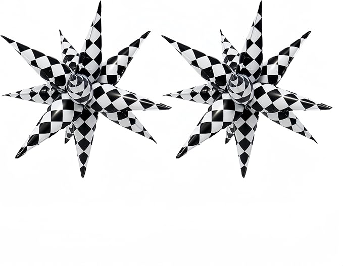 2 * 12 Pcs Black White Checkered Explosion Pointed Star Foil Balloons/Talladega Nights Racing Balloons/Race Car Birthday Supplies/Las Vegas Casino Party/Father's Day Boys Birthday Party (2 Pcs Black)