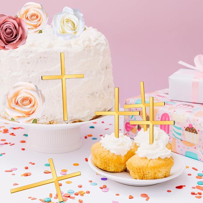 18pcs Baptism Cake Toppers Acrylic Cross Cupcake Toppers Gold Crossing Cake Charm for Baby Shower Birthday Wedding Party Christian Decorations