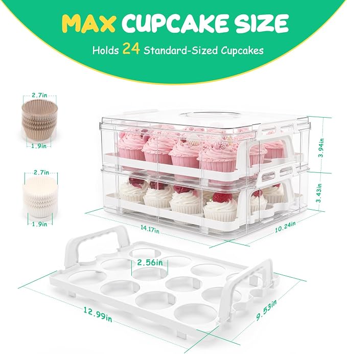 Cupcake Carrier 24 Count, Cupcake Holder With Lid And Handles, 2-Layer Cupcakes Storage Containers, Cupcake Transport Container, Cupcake Box With Portable Insulated Bag And 200pcs Cupcake Liners