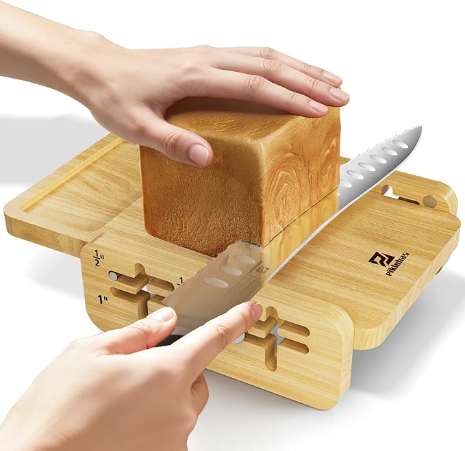 Bamboo Cutting Boards Large Set of 4 for Kitchen+Bread Slicer with Bread Knife