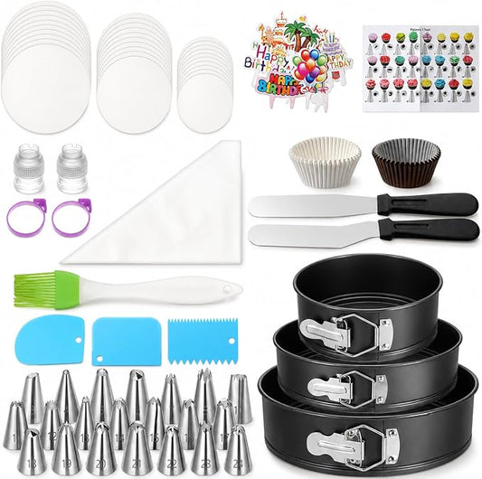168Pcs Cake Pan Sets for Baking+ Cake Decorating Supplies, 6/8/10 Inch Round Cake Pan, 3 Nonstick Springform Cake Pans, Cheesecake Baking Pans withPiping Bags, 24 Pcs Nozzles, 3 Pcs Scrappers