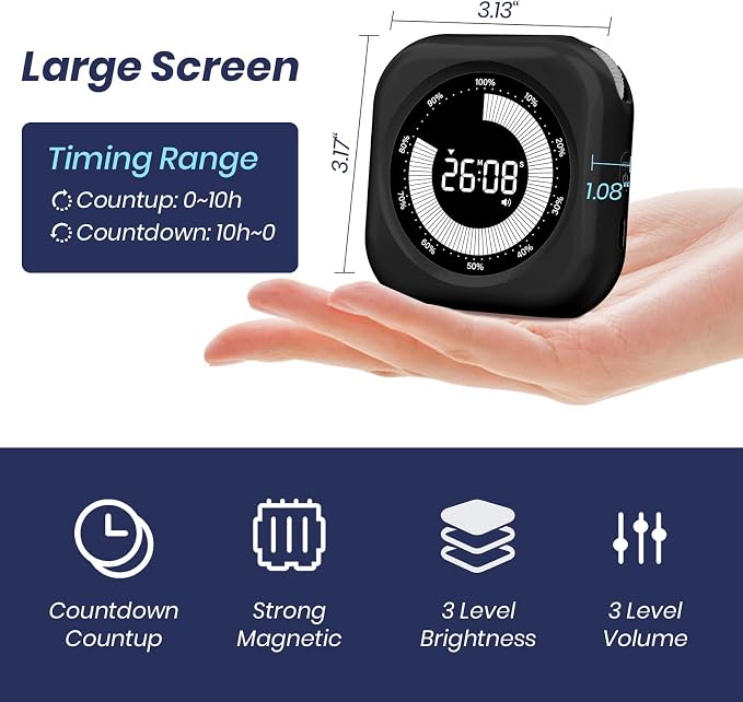 PERSUPER Visual Timer for Kids, 10 Hours Countdown/Up, with Rechargeable, 3 Volume Levels，3 Brightness Display, and Magnetic, Homeschool Study Tool, Large Digital Timers for Classroom, Kitchen