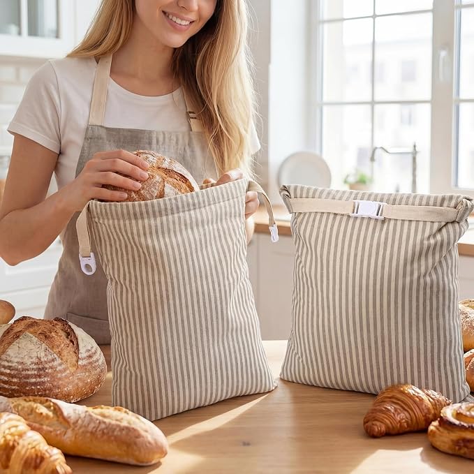 2 Pack Reusable Striped Bread Bags Set with Drawstring Cotton Linen Food Storage Bags for Homemade Bread & Sourdough 17"x 13" Lined Food Bag Cover Keep Loaves Fresh Longer(Grey Stripes)