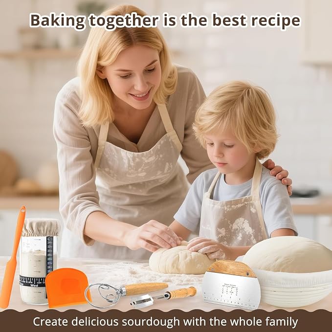 Sourdough Bread Starter Kit with 2 Banneton Proofing Baskets, 34oz Starter Jar, Dough Whisk, Scrapers, Bread Lame, Mat, Sling, Flour Duster & More – Sourdough Tools & Accessories Set