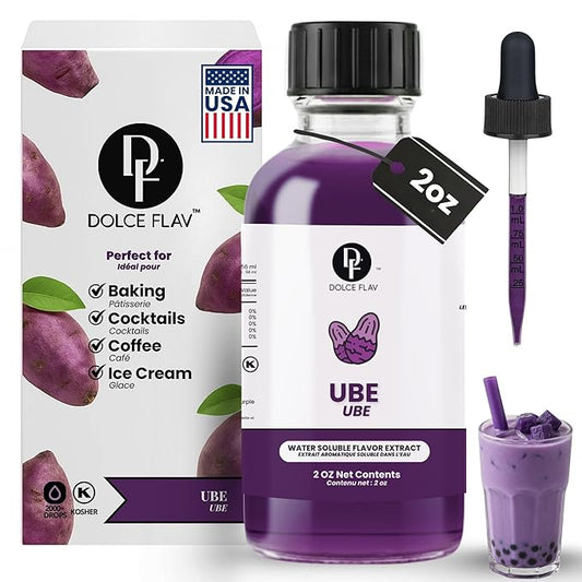 Dolce Flav Purple Ube Extract – 2 Ounce Water-Soluble Kosher, Sugar-Free, Concentrated Sweet Ube Flavoring for Baking, Ice Cream & Pastries, Includes Measured Dropper