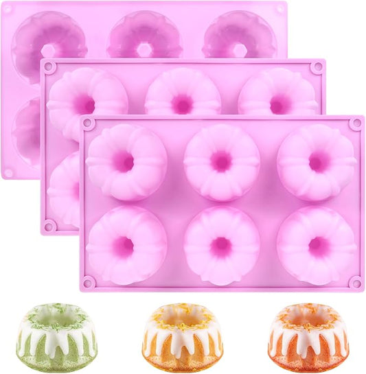 3 Pack Purple Mini Cake Pans for Baking, Silicone Small Cake Pan Mold Moldes Para Gelatinas, 6 Cavity Nonstick Mini Cheesecake Pans, Jello Molds Silicone Donut Pan for Baking Cupcakes Chocolate
