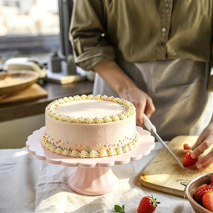 Vesici Pink Wooden Cake Stand Scalloped Reusable Round Cake Stand Dessert Holder for Cupcake Donut Dessert Wedding Baby Shower Party Supply (10" L x 10" W x 3" H)