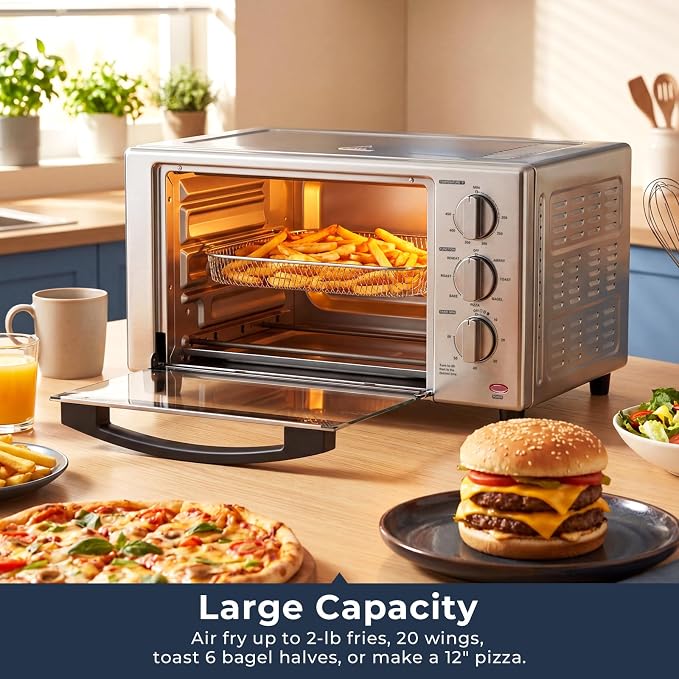 Air Fryer Toaster Oven with Grill, 23 QT Quiet Convection Oven Countertop, 7 Presets, Air Fry, Toast, Bagel, Bake, Roast, Fits 12" Pizza, Stainless Steel