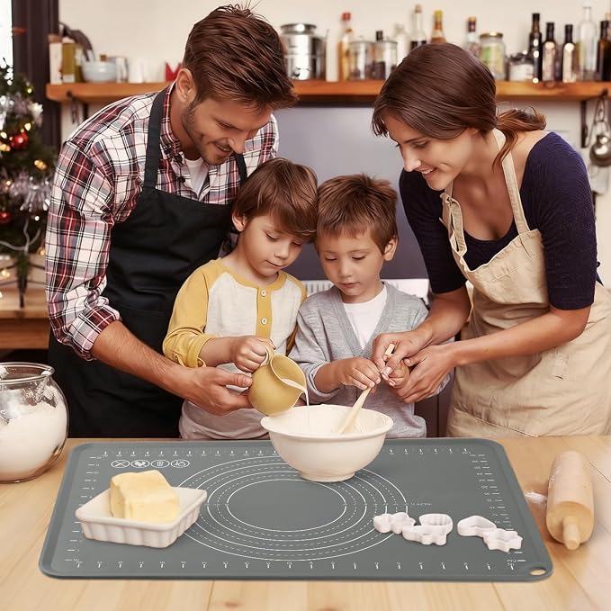 Silicone Pastry Mat 24" x 16" Baking Mat with Measurements and Edge Heightening, Thick Non-slip BPA Free Silicone Pad for Countertop Rolling Kneading Dough, Bread, Cookies,Pizza, Fondant,Dark Gray