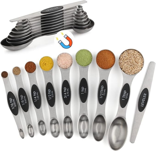 Measuring Spoon Set of 9 Magnetic Measuring Spoons Dual Sided Stainless Steel Measuring Spoons Stackable Nesting Tablespoon Teaspoon, Fits in Spice Jars, for Dry or Liquid Ingredients