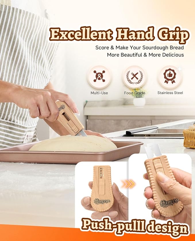 Sourdough Bread Lame, Magnetic Dough Scoring Tool with 5 Replaceable Blades, Ergonomic Handle for Easy Scoring, Ideal for Artisan Breads, Baguettes, and Bread Making Supplies (Wood)