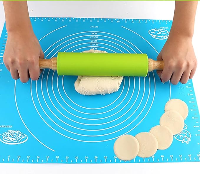 Silicone Rolling Pin, 9 Inch Green Rolling Pin with Wooden Handle for Kneading the Dough of Cookie, Baking Bread, Pizza and Noodles (Blue, 11.4 inch)