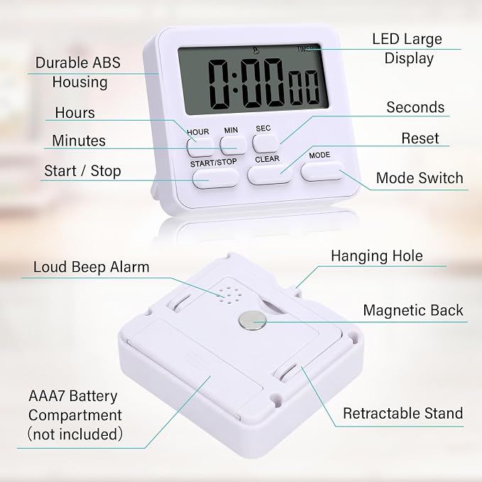 Leumoi 6 Pcs Digital Kitchen Timer 24 Hour Clock and Alarm Function Timer On/Off Switch Minute Second Count up Countdown Loud Alarm for Exercise Cook Baking(Black and White)