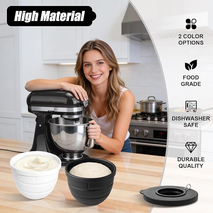 Foldable Silicone Liners for 5 Qt KitchenAid Tilt-Head Stand Mixer(Only), Odourless,Thicker, Cold/Heat-Resistant & Non-Stick, Easy Clean, Set of 2 with Lids, 1Splash-proof Bowl Lid
