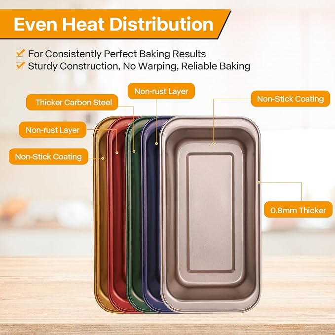 10x5inch Loaf Pan Set of 2,Dual-Layer Non-Stick Carbon Steel Bread Pan(Inner 9x4inch), 450°F Oven Safe, Stackable Gold Baking Pans for Banana Bread, Pound Cake & Homemade Loaves
