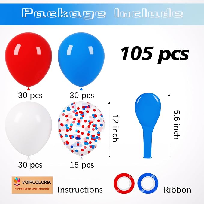 Voircoloria 105pcs Red White Blue Balloons 12inch Party Latex Balloons for 4th of July Independence Day Graduation Anniversary Party Decorations