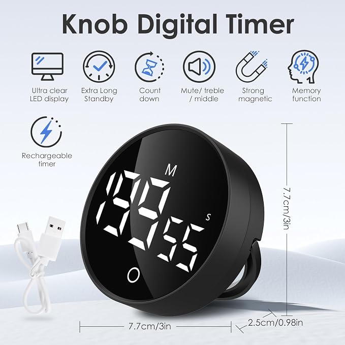 Simpeak Digital Kitchen Timer Classroom Timers, Rechargable LED Visual Timer from 0 to 199 Minutes, 3 Alarm Volume, Magnetic Countdown Countup Timer with Stand for Cooking Baking Workout Study