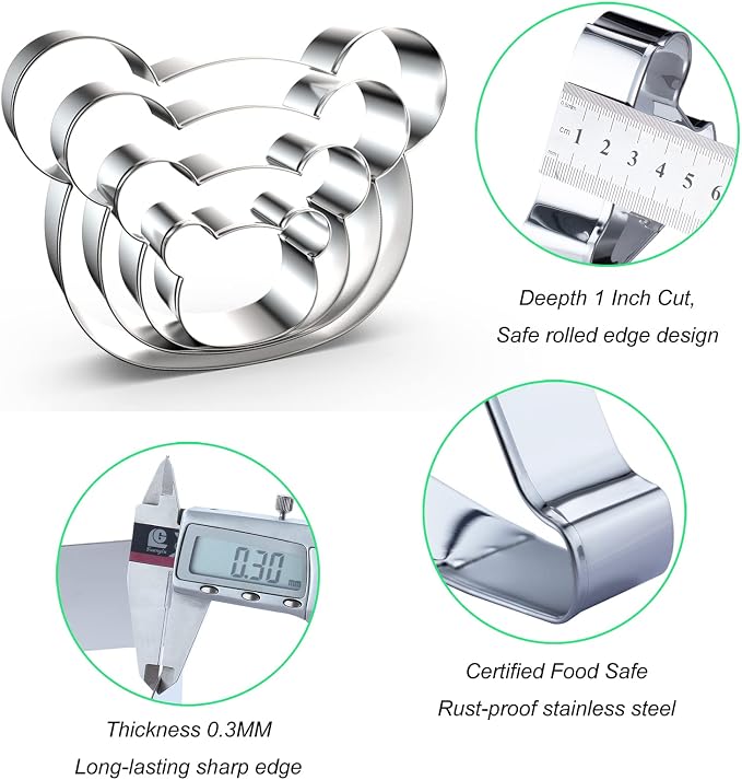 Teddy Bear Head Cookie Cutter Set Large - 5", 4", 3", 2" - 4 Piece Polar Bear, Koala, Panda Face Cookie Cutters - Stainless Steel