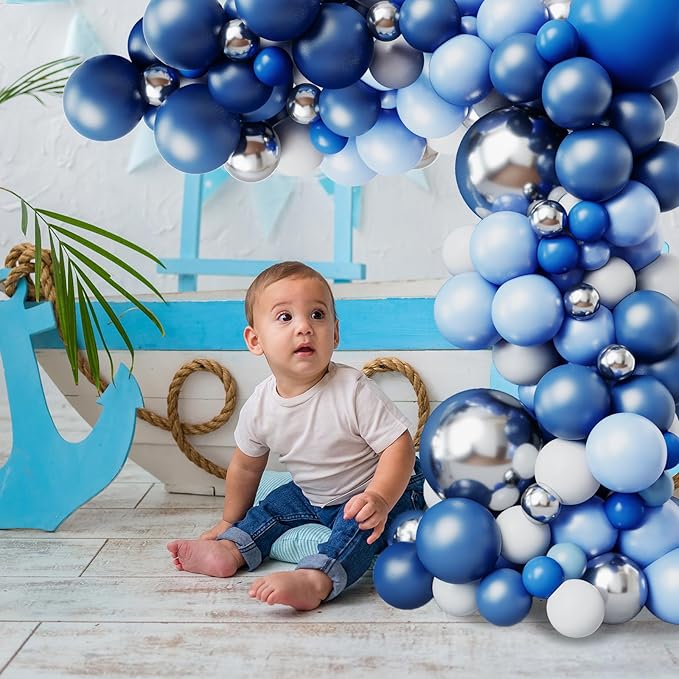 RUBFAC 144pcs Blue Balloons Arch Garland Kit, 18/12/10/5 Inch Blue White and Silver Party Balloons Silver Confetti Latex Balloons for Birthday Wedding Baby Shower Deorations