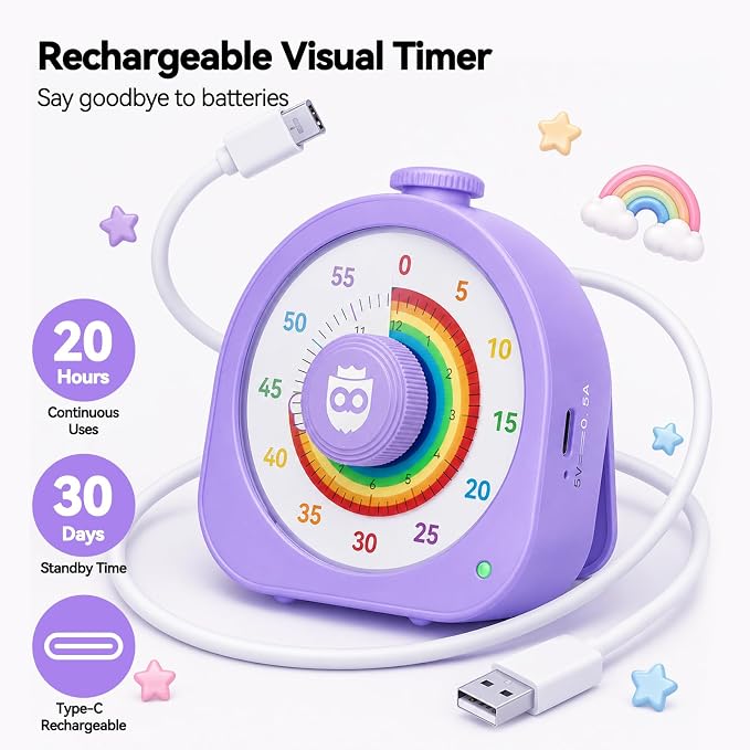 Visual Timer for Kids and Adults 60 Min/12 Hour Rechargeable Countdown Timer with Magnetic Sticker and Mute Function Kids Pomodoro Timers for Classroom Office Kitchen Silent Operation & Rainbow Disk